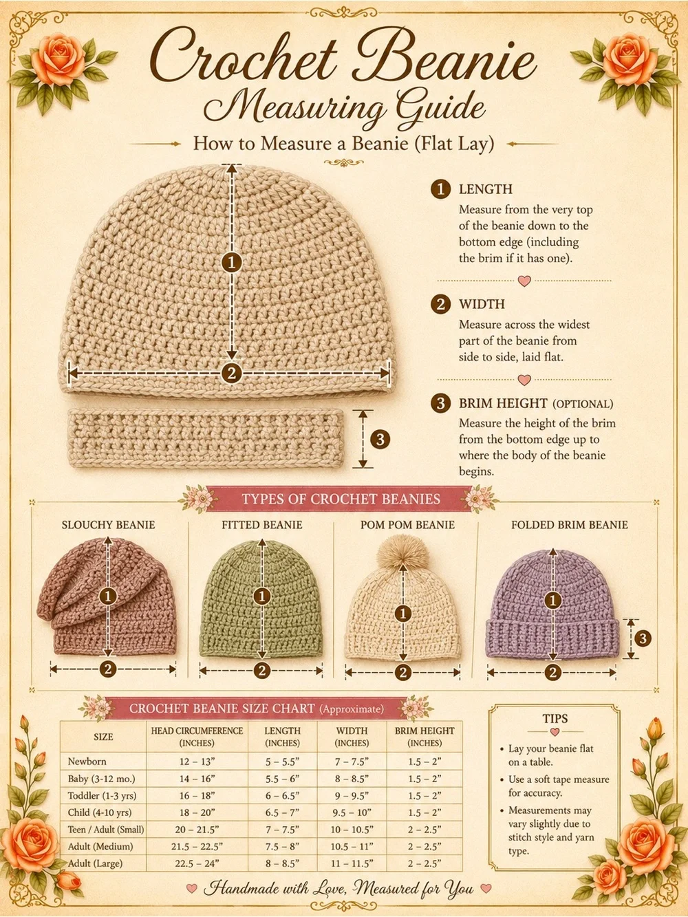 Handmade Crochet Ivory Beanie Adult Medium Large Cuffed Knit Hat Winter Boho